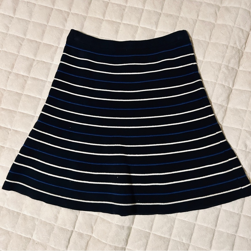 Free People Black Skater Skirt w/ Blue + White Stripes